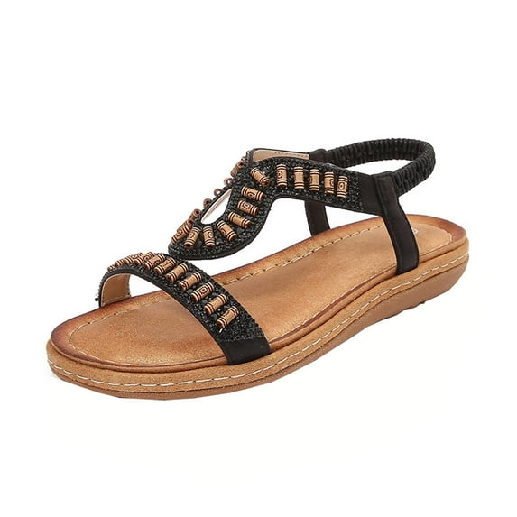 CHGBMOK Sandals for Women 2025 Embellished T - Strap Flat Sandals with Intricate Beadwork Sizes 36-42