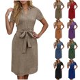 thumbnail image 1 of CHGBMOK Women'S Dress V-Neck Short Sleeve Solid Color Fashion Casual Bow Waist (Brown, 2XL), 1 of 7