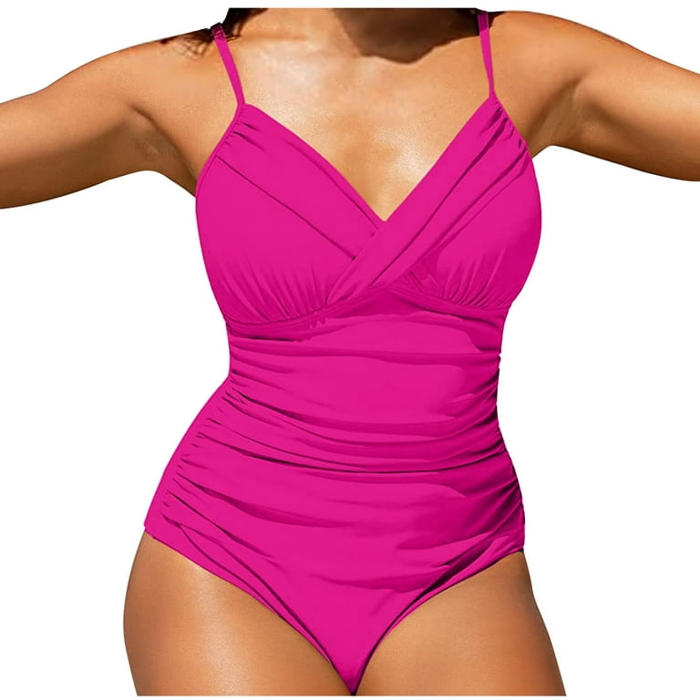 CHGBMOK Summer Clearance One Piece Swimsuit for Women Sexy Solid With Chest  Pad Without Underwire Bikini Deep V Tummy Control Bathing Suit