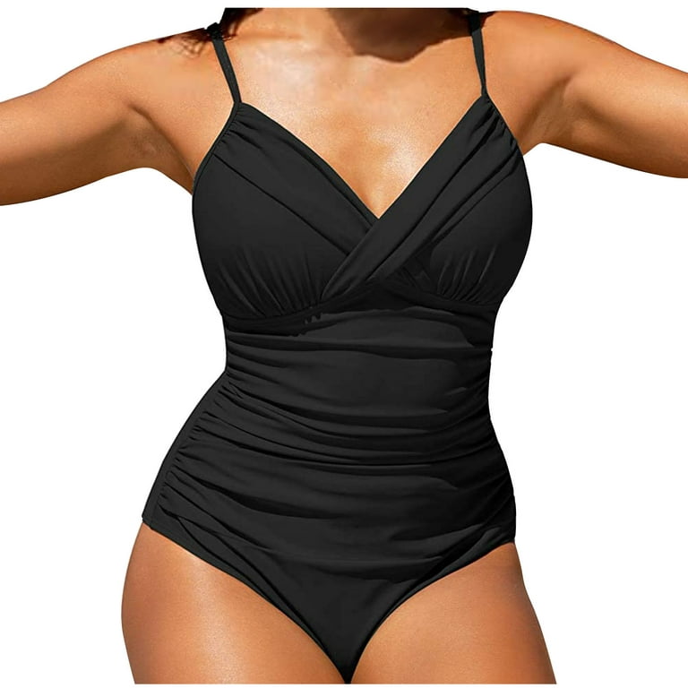 CHGBMOK Summer Clearance One Piece Swimsuit for Women Sexy Solid With Chest  Pad Without Underwire Bikini Deep V Tummy Control Bathing Suit