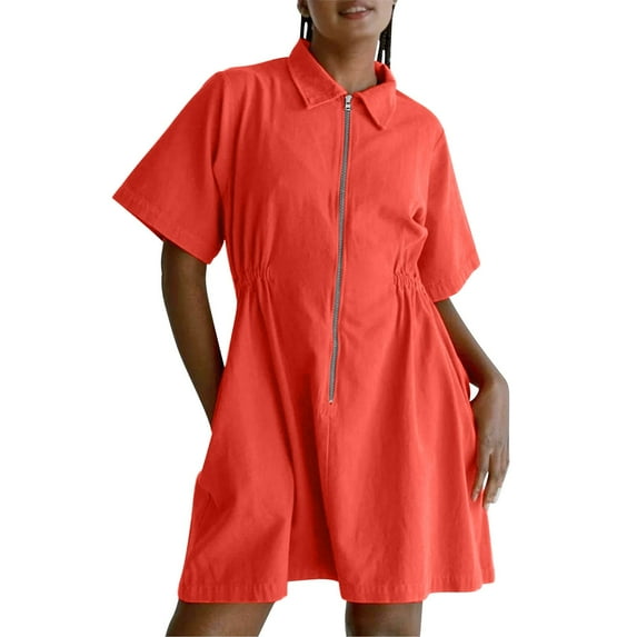 CHGBMOK Summer Dresses for Women 2025 Fashion Zipper V-Neck Summer Solid Short Sleeve Mini Dress Sizes S-3XL