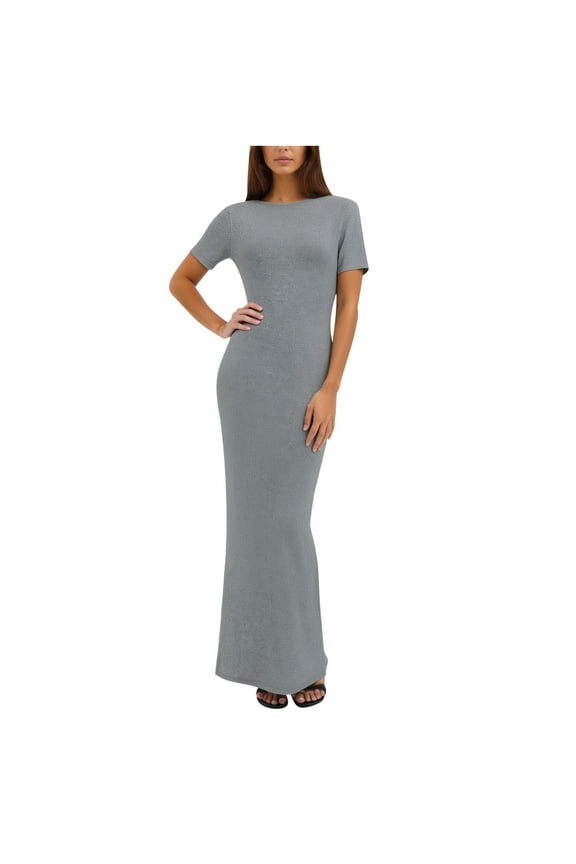 CHGBMOK Summer Dresses for Women 2025 Summer Solid Color Short Sleeved Round Neck V-neck Double-sided Dress Long Dress Sizes XS-XL