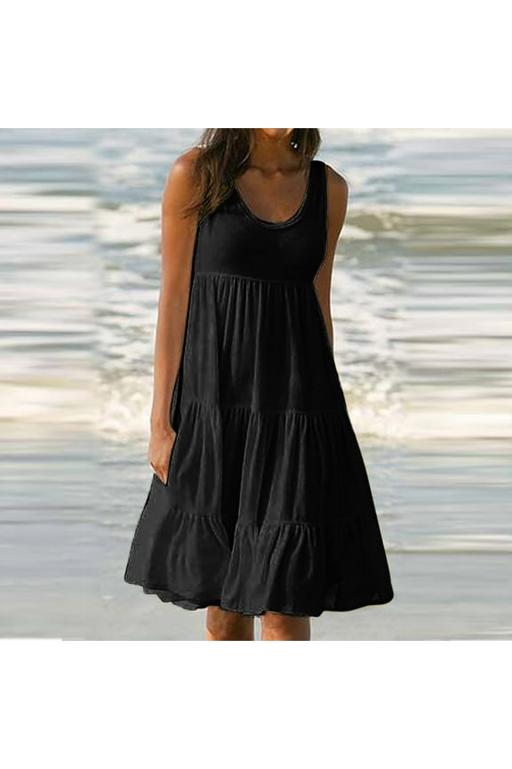 Summer Womens Plus Size Dresses Sleeveless Loose Pleated Midi Dresses for Beach Party