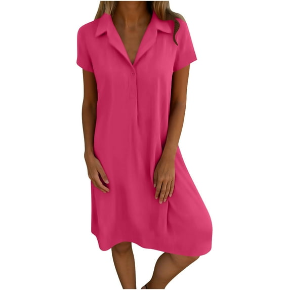 CHGBMOK Sundresses for Women 2025 Casual Spring and Summer Loose Short-sleeved V-neck Solid Color and Linen Shirt Dress Sizes S-3XL
