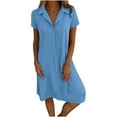 thumbnail image 1 of CHGBMOK Sundresses for Women 2025 Casual Spring and Summer Loose Short-sleeved V-neck Solid Color and Linen Shirt Dress Sizes S-3XL, 1 of 7