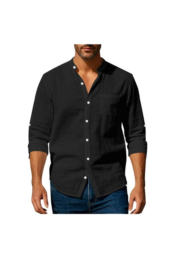 CHGBMOK T Shirts for Man Casual Solid-Color Button Pocket Long Sleeve Round-Neck Blouses Shirts Sizes S-3XL