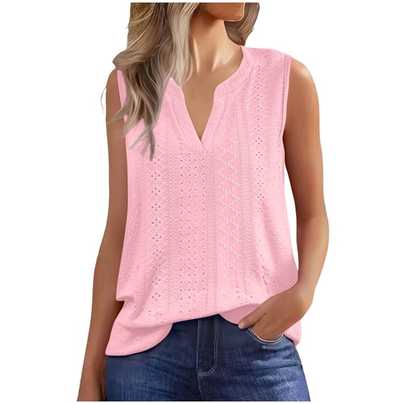 CHGBMOK Tank Top for Women V Neck Sleeveless T Shirts Trendy Eyelet Loose Basic Tank Spring Summer Beach Vacation Outfits