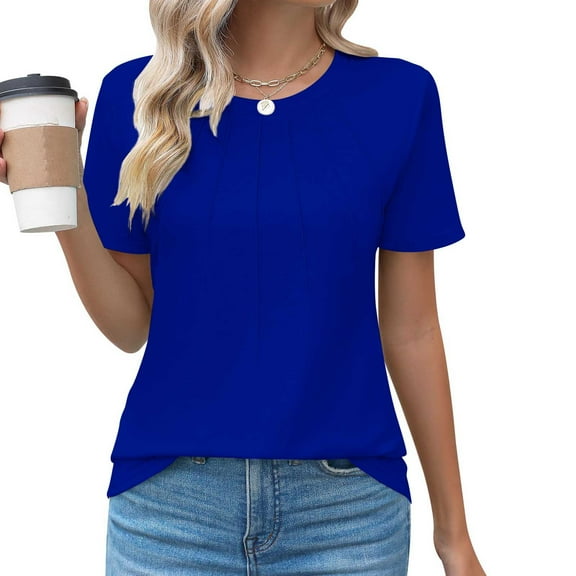 CHGBMOK Womens Casual Crew Neck Short Sleeve Pleated Tops Summer Tee Shirts Basic Blouses
