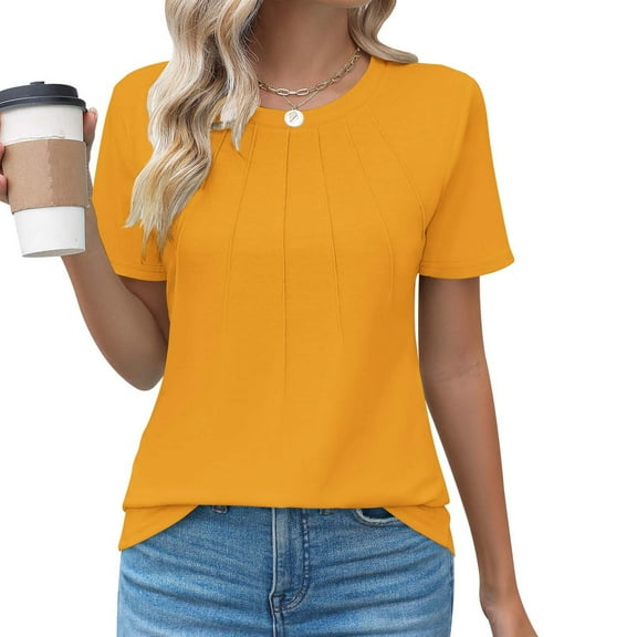 CHGBMOK Womens Casual Crew Neck Short Sleeve Pleated Tops Summer Tee Shirts Basic Blouses