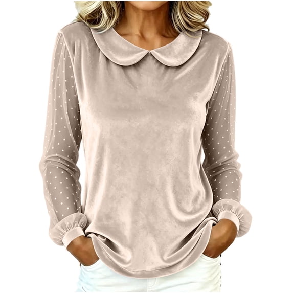 CHGBMOK Women's Peter Pan Collar Blouse Polka Dot Mesh Puff Long Sleeve Pullover Tops Casual Loose Fit Shirts