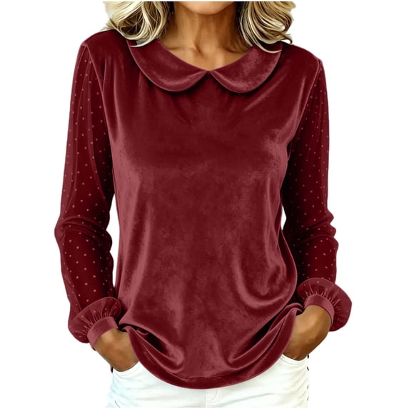 CHGBMOK Women's Peter Pan Collar Blouse Polka Dot Mesh Puff Long Sleeve Pullover Tops Casual Loose Fit Shirts