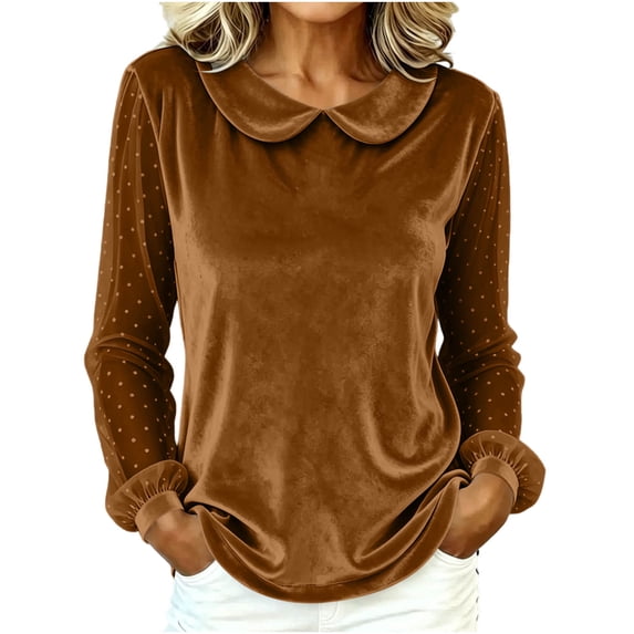CHGBMOK Women's Peter Pan Collar Blouse Polka Dot Mesh Puff Long Sleeve Pullover Tops Casual Loose Fit Shirts