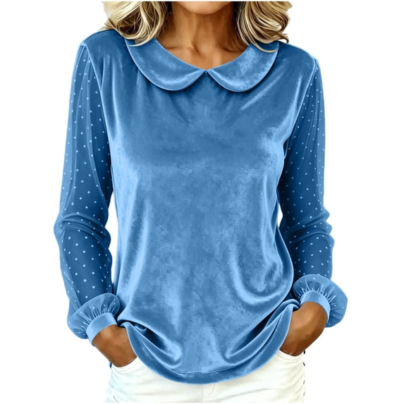 CHGBMOK Women's Peter Pan Collar Blouse Polka Dot Mesh Puff Long Sleeve Pullover Tops Casual Loose Fit Shirts