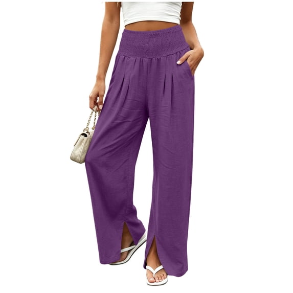 CHGBMOK Wide Leg Pants Woman Ruched High Waisted Palazzo Pant Summer Fall Flowy Beach Lounge Casual Trouser with Pockets