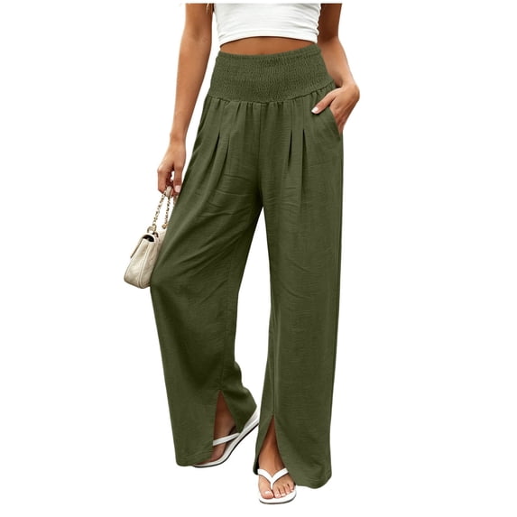 CHGBMOK Wide Leg Pants Woman Ruched High Waisted Palazzo Pant Summer Fall Flowy Beach Lounge Casual Trouser with Pockets