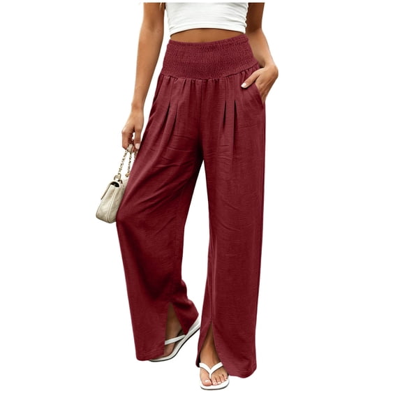 CHGBMOK Wide Leg Pants Woman Ruched High Waisted Palazzo Pant Summer Fall Flowy Beach Lounge Casual Trouser with Pockets