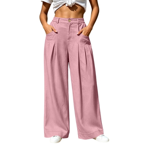 CHGBMOK Wide Leg Pants for Women Elastic High Waist Pants with Button Pleated Loose Casual Trousers with Pockets Solid Color
