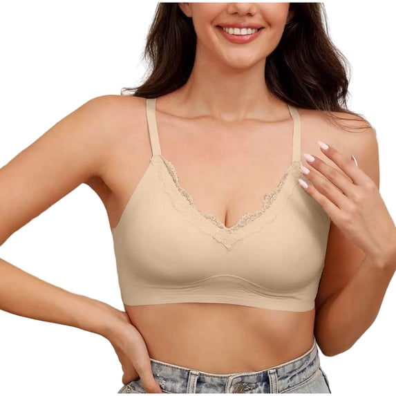 Ytndtr Wireless No Underwire Bra for Women V-Neck Lace Trim Supportive Seamless Bra Comfortable Tshirt Bralette
