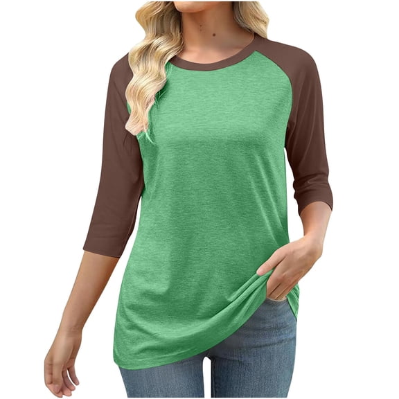 CHGBMOK Women 3/4 Sleeve Blouse Color Block Crew Neck T Shirt Casual Dressy Basic Shirts Plus Size Loose Fit Tunic