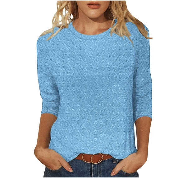 CHGBMOK Women 3/4 Sleeve T Shirt Crew Neck Tunic Textured Jacquard Casual Blouses Loose Pullover Top
