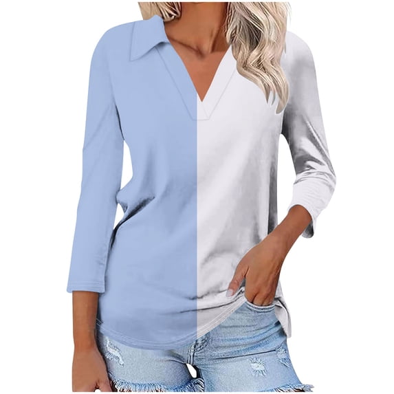 CHGBMOK Women 3/4 Sleeve T Shirts V Neck Collared Blouses Casual Dressy Tees Color Block Loose Tunic