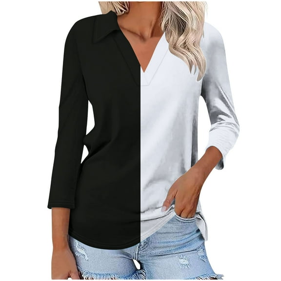 CHGBMOK Women 3/4 Sleeve T Shirts V Neck Collared Blouses Casual Dressy Tees Color Block Loose Tunic