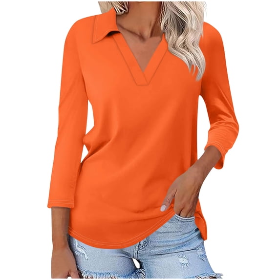 CHGBMOK Women 3/4 Sleeve T Shirts V Neck Collared Blouses Casual Dressy Tees Solid Color Loose Tunic