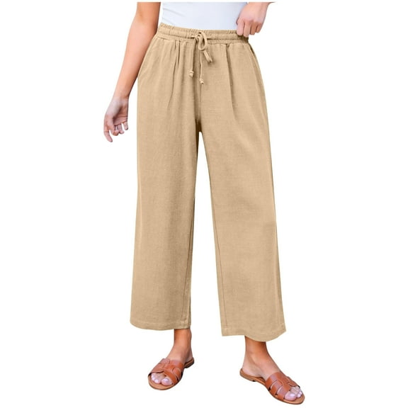 CHGBMOK Linen Pants for Women High Waisted Wide Leg Capri Elastic Waist Casual Beach Flowy Cropped Summer Capris Pants