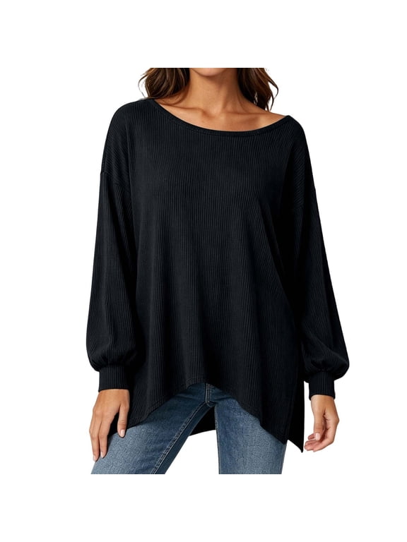 Women Boat Neck Tunic Tops Off Shoulder Ribbed Knit Lantern Long Sleeve Blouse Side Slit Loose Fit Casual Pullover Shirts