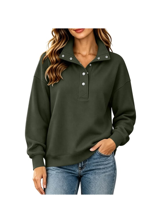 Women Button Collar Pullover Sweatshirt Quarter Snap Collar Long Sleeve Sweatshirt Loose Drop Shoulder Solid Color Casual Tops
