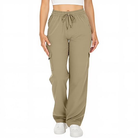CHGBMOK Women Cargo Pants with Pockets Drawstring Waist Wide Leg Lounge Trousers Solid Loose Athletic Sweatpants