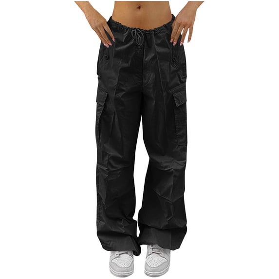 CHGBMOK Women Cargo Pants with Pockets Drawstring Waist Wide Leg Parachute Trousers Solid Loose Quick-drying Athletic Sweatpants