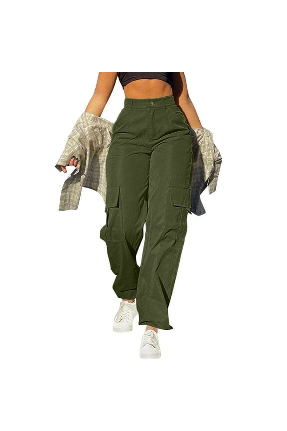 Women Cargo Pants with Pockets Elastic High Waisted Wide Leg Casual Pants Solid Streetwear Baggy Shift Long Trousers