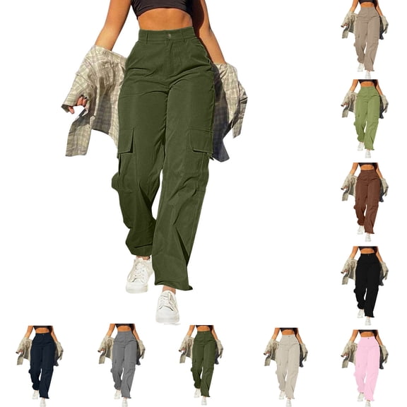 CHGBMOK Women Cargo Pants with Pockets Elastic High Waisted Wide Leg Casual Pants Solid Streetwear Baggy Shift Long Trousers