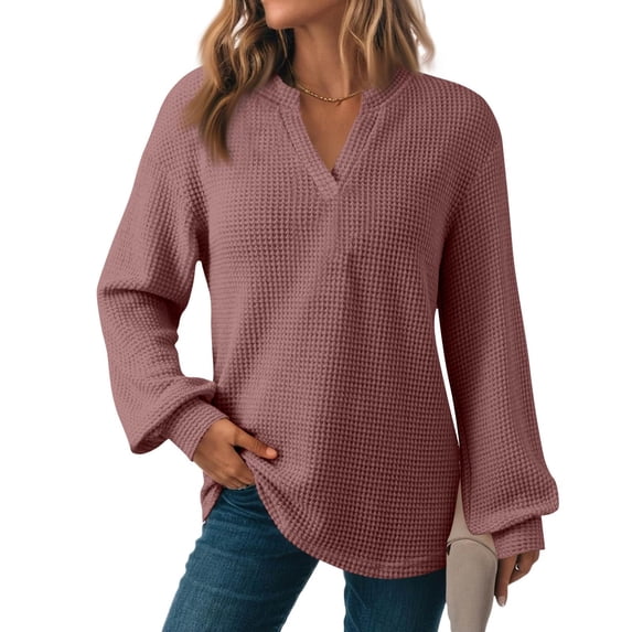 CHGBMOK Women Casual Long Sleeve Shirts Waffle V Neck Tunic Tops Lightweight Loose Blouses