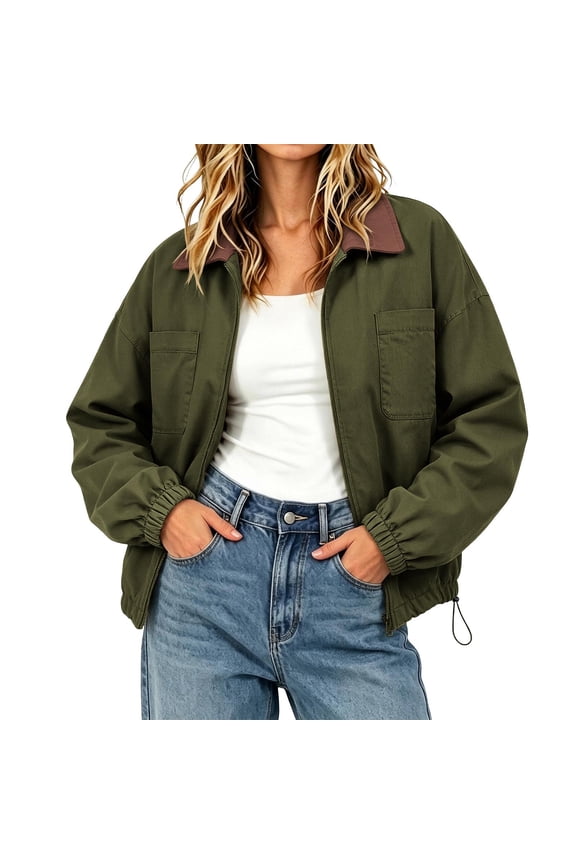 Women Color Block Jacket Collar Cropped Zip Up Jacket Oversized Utility Bomber Coat with Drawstring Hem & Patch Pockets