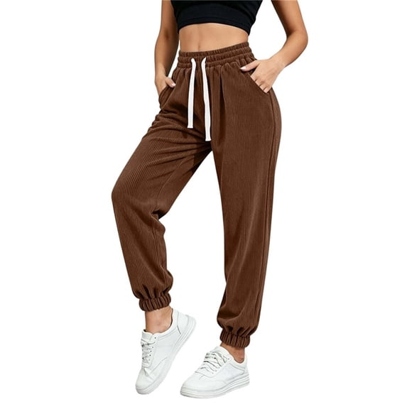 CHGBMOK Women Corduroy Jogger Pants High Waist Drawstring Elastic Cuff Sweatpants Casual Loose Trousers with Pockets