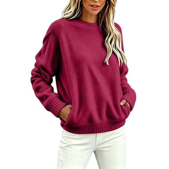 CHGBMOK Women Crew Neck Sweater Long Sleeve Oversized Pullover Tops Ribbed Hem Solid Color Knit Casual Sweaters