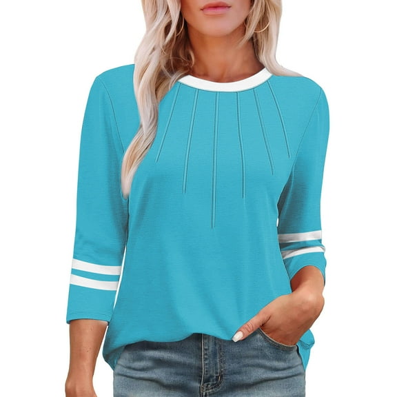 CHGBMOK Women Crew Neck T Shirts Strip 3/4 Sleeve Blouses Pleated Casual Dressy Tees Comfy Loose Tunic