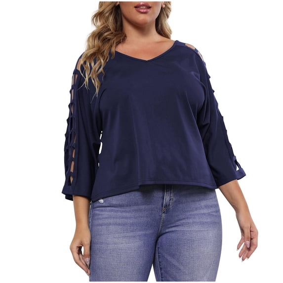 CHGBMOK Women Cut Out 3/4 Sleeve Blouse Cold Shoulder V Neck T Shirt Casual Dressy Basic Shirts Loose Plus Size Top