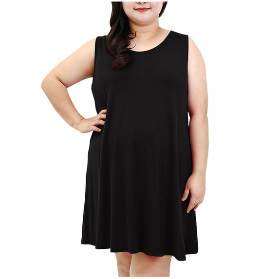 CHGBMOK Women Dress Crew Neck Sleeveless Midi Dress Solid Loose Casual Plus Size Dress
