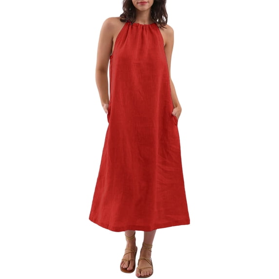 CHGBMOK Women Dress Mock Neck Sleeveless Long Dress Solid Loose Linen Shift Dress Wedding Guest Party Formal Dress