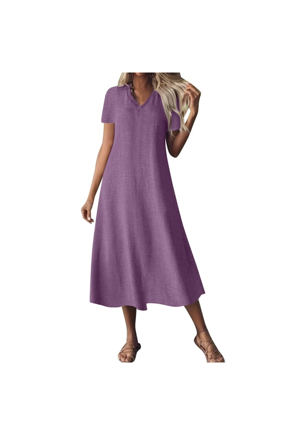 Women Dress V Neck Short Sleeve Long Dress Solid Loose Casual Shift Dress