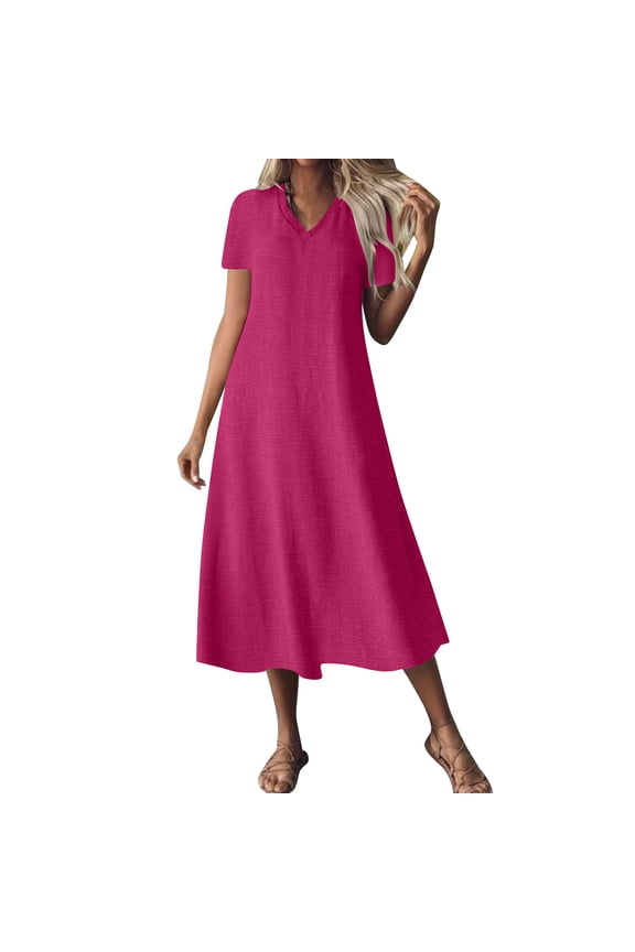 Women Dress V Neck Short Sleeve Long Dress Solid Loose Casual Shift Dress