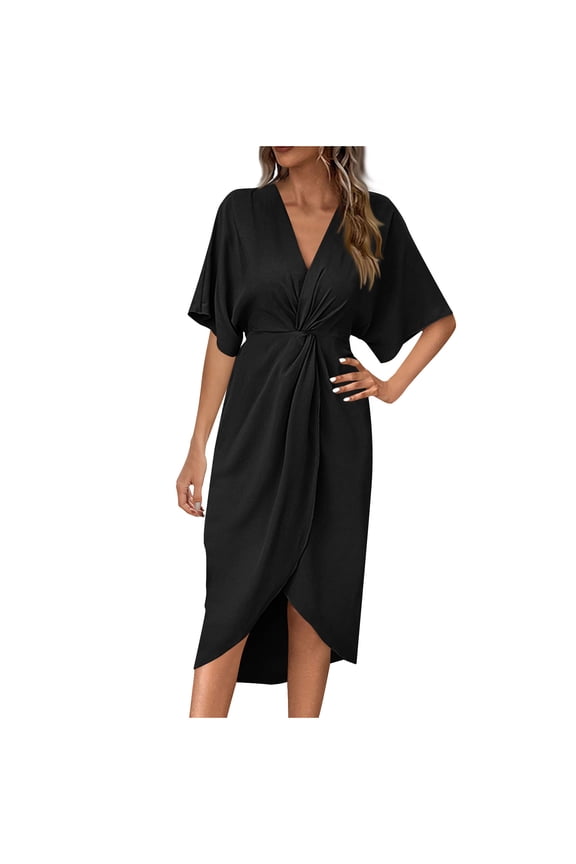 Women Dress V Neck Short Sleeve Stain Dress Twist Front Split Hem Midi Dress with Belt Wedding Guest Party Formal Dress