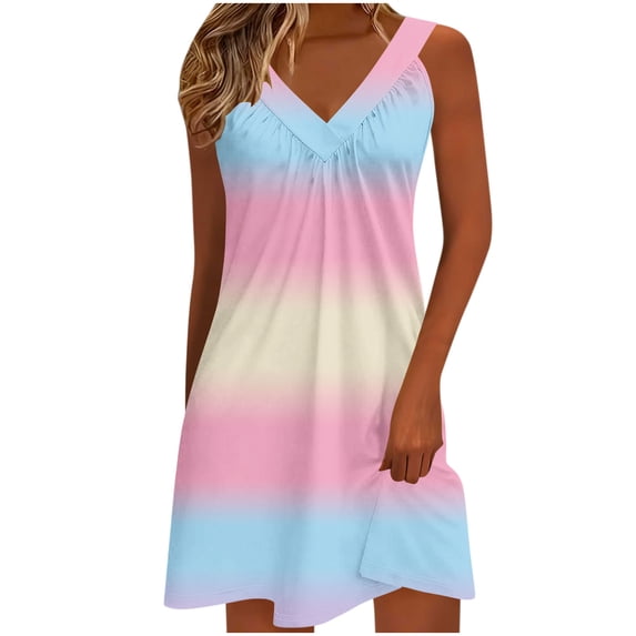 CHGBMOK Women Dresses Trendy Gradient Casual Dress V Neck Sleeveless Spaghetti Strap Dress Smocked Flowy Boho Midi Dresses