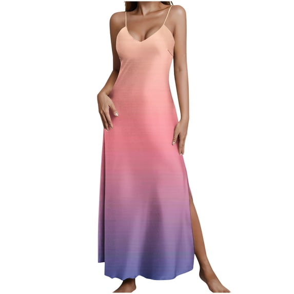 CHGBMOK Women Dresses Trendy Gradient Casual Long Dress Deep V Neck Sleeveless Spaghetti Strap Night Dress Side Slit Boho Dress Spring Summer