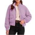 thumbnail image 1 of CHGBMOK Women Gingham Cropped Puffer Jacket Stand Collar Zip Up Padded Coat Long Sleeve Casual Winter Outerwear with Pockets, 1 of 8
