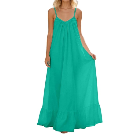 CHGBMOK Women Halter Cami Dress Solid V Neck Sleeveless Long Dress Ruched Flowy Backless Sundress Loose Casual Linen Dress