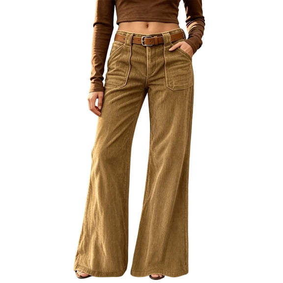 CHGBMOK Women High Waist Corduroy Flare Pants Retro Wide Leg Cargo Pocket Pants Casual Corduroy Bootcut Pants